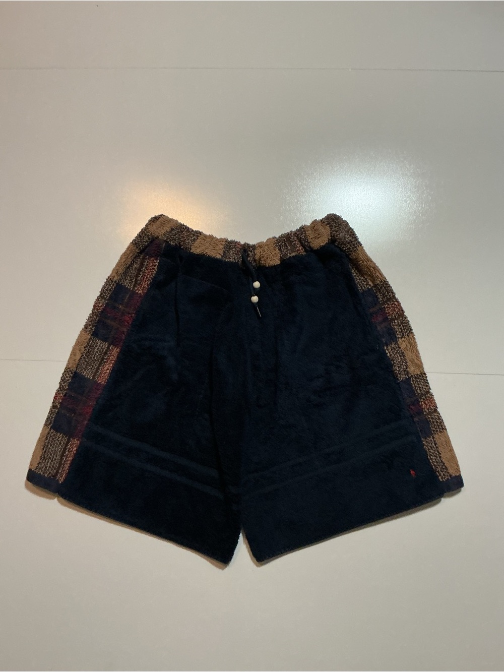 Polo Ralph Lauren Patchwork Plaid Navy Blue Pony Logo Reworked Towel Shorts
